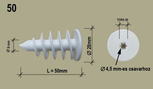 POLISZTIROL DÜBEL 48Csavarmenetes poliszt dübel min5cm, csavar: 4,5 mm (50db/doboz) TORX30