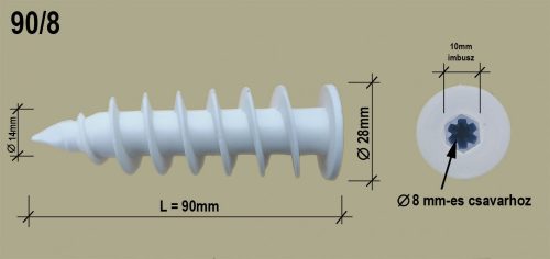 POLISZTIROL DÜBEL 90/ 8Csavarmenetes poliszt dübel min10cm, csavar: 8 mm (25db/dob)